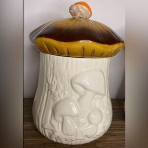 VINTAGE Mushroom Ceramic Cookie Canister in Brown and Cream